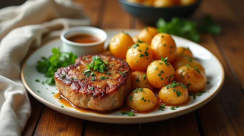 garlic butter steak bites and potatoes