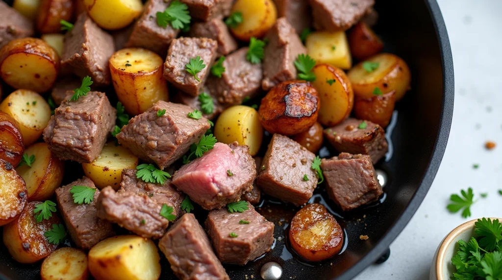 garlic butter steak bites and potatoes