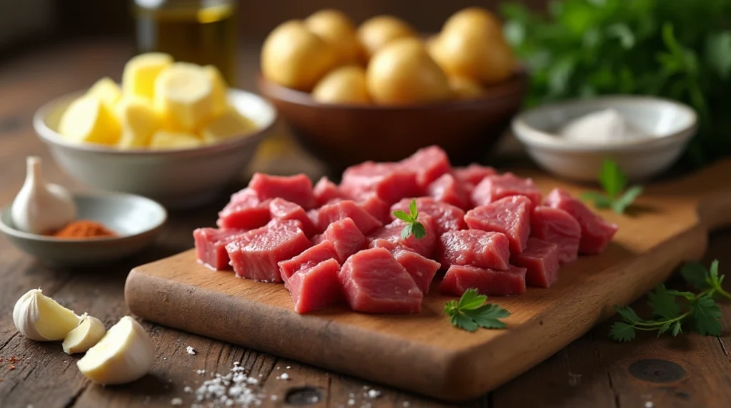 garlic butter steak bites and potatoes