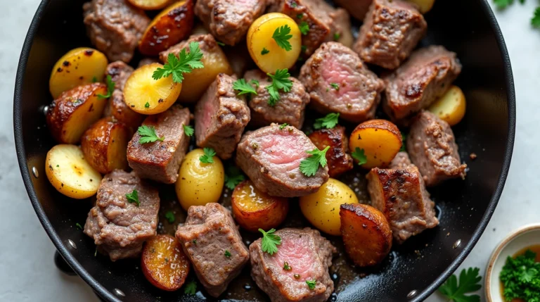 garlic butter steak bites and potatoes